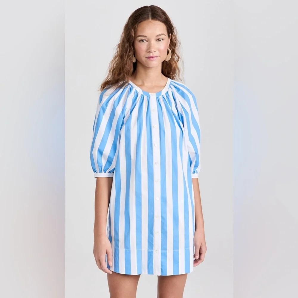 STAUD Mini Vincent Dress Blue Seashore Stripe Cotton Size XS - Picture 5 of 15